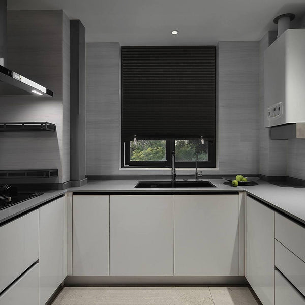 no-drill blackout pleated paper shades in a kitchen