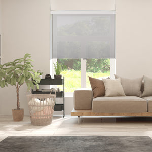 cordless room darkening waterproof roller shades in a living room