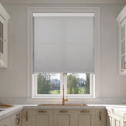 light filtering waterproof kitchen roller shades in a kitchen