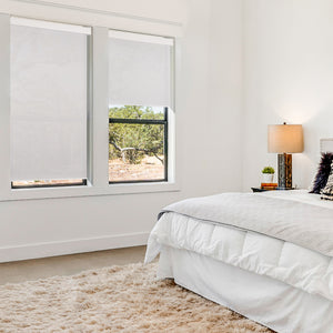 cordless room darkening waterproof roller shades in a living room window