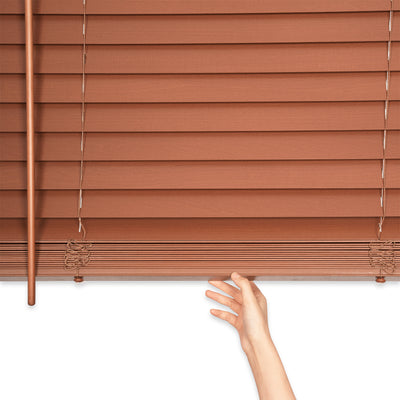 room darkening natural eco-friendly wood blinds with handle details