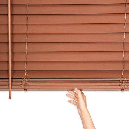 room darkening natural eco-friendly wood blinds with handle details