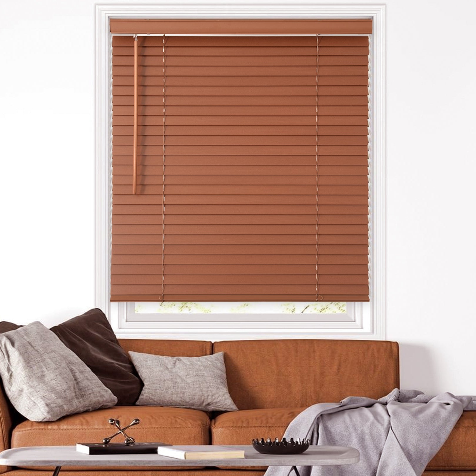 room darkening natural eco-friendly wood blinds in a living room