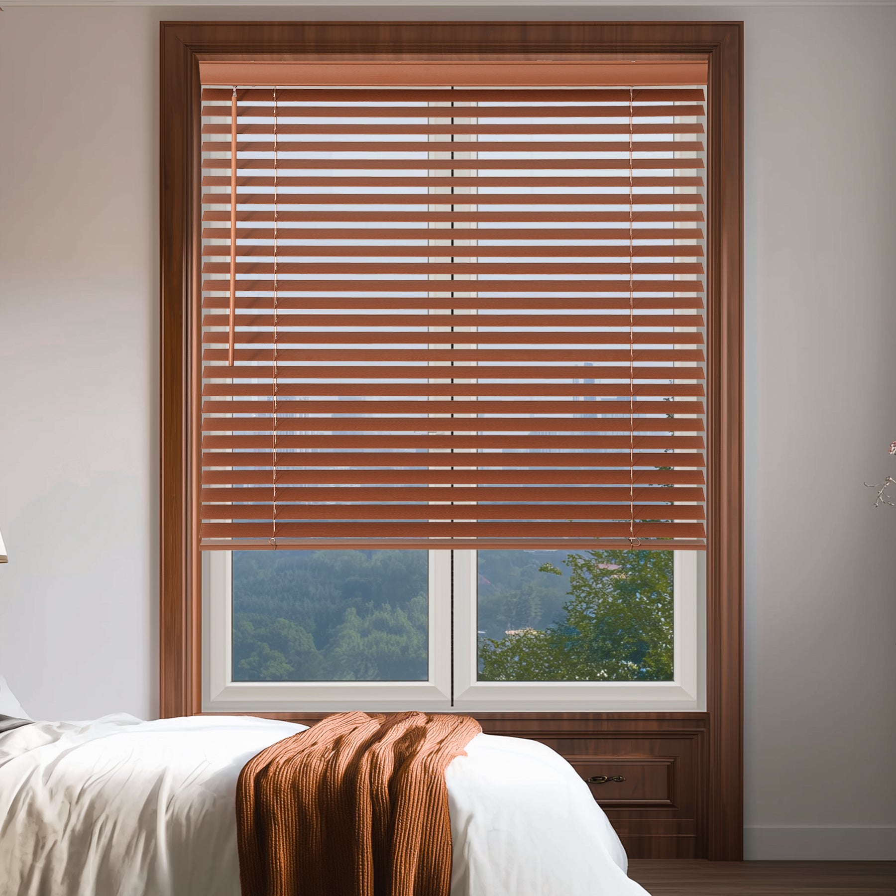 room darkening natural eco-friendly wood blinds in a bedroom