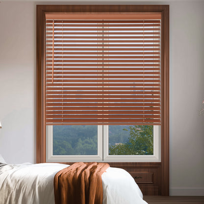 room darkening natural eco-friendly wood blinds in a bedroom