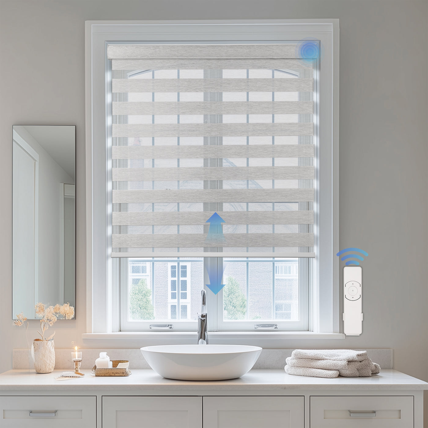 Motorized Light Filtering Linen-Like Bathroom Zebra Shades | Hestia Blinds