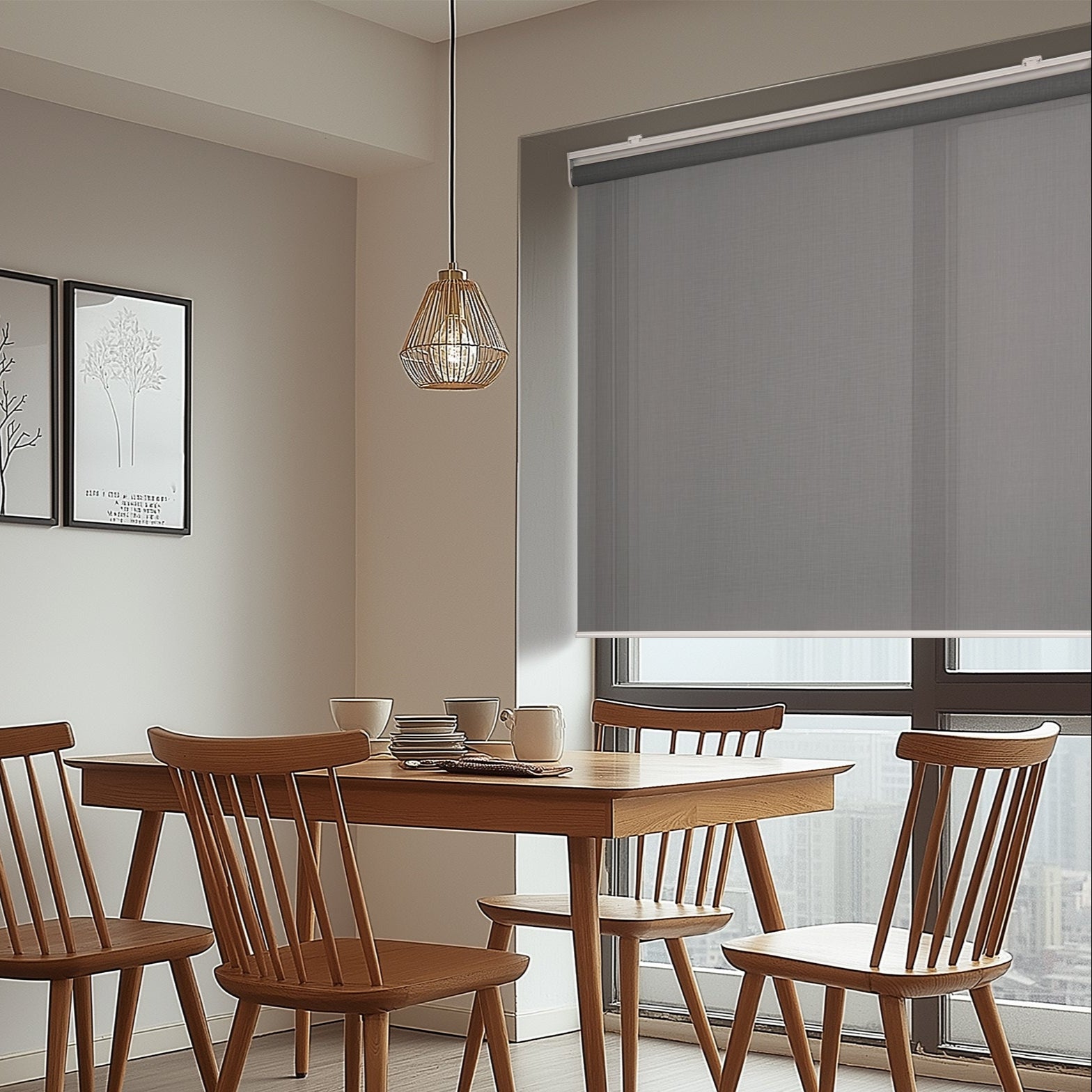 motorized lightweight light filtering roller shades  in a dining room