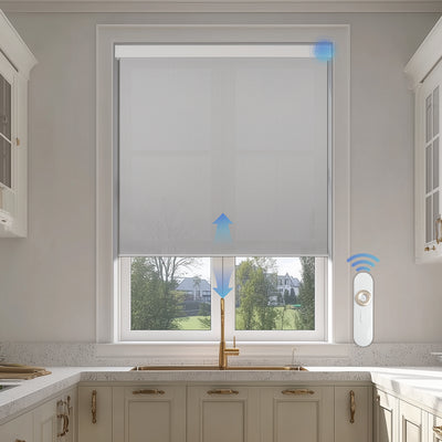 motorized light filtering waterproof kitchen roller shades in a kitchen