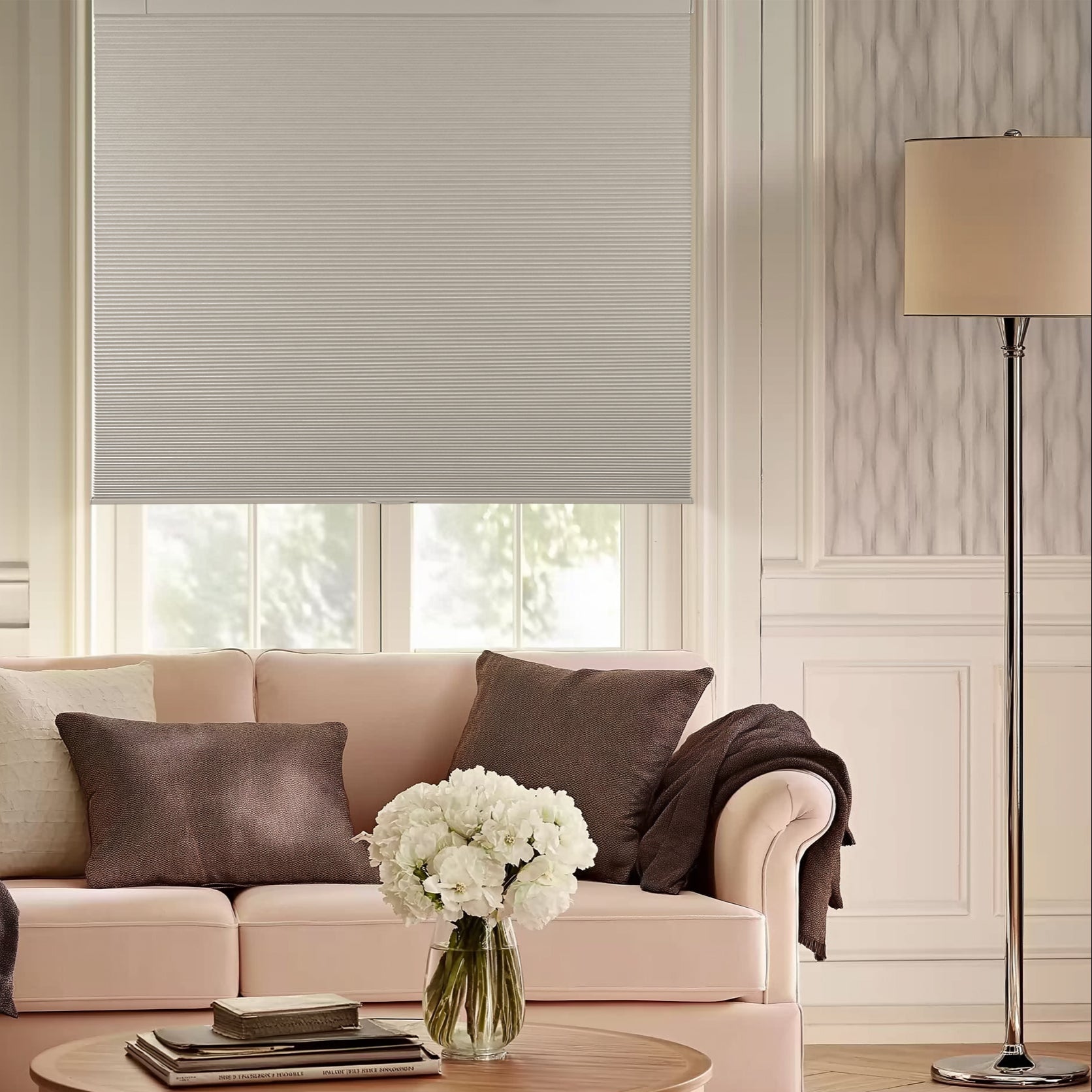 1" cordless no-drill blackout cellular shades in a living room