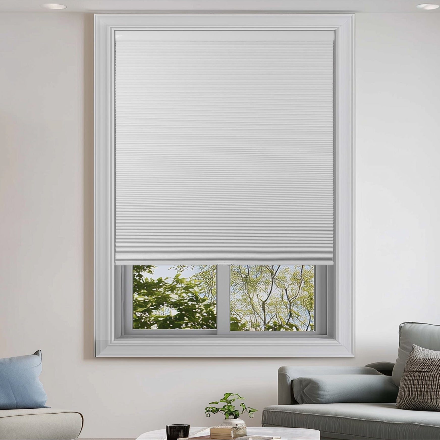 blackout thermal insulated cellular shades in a living room