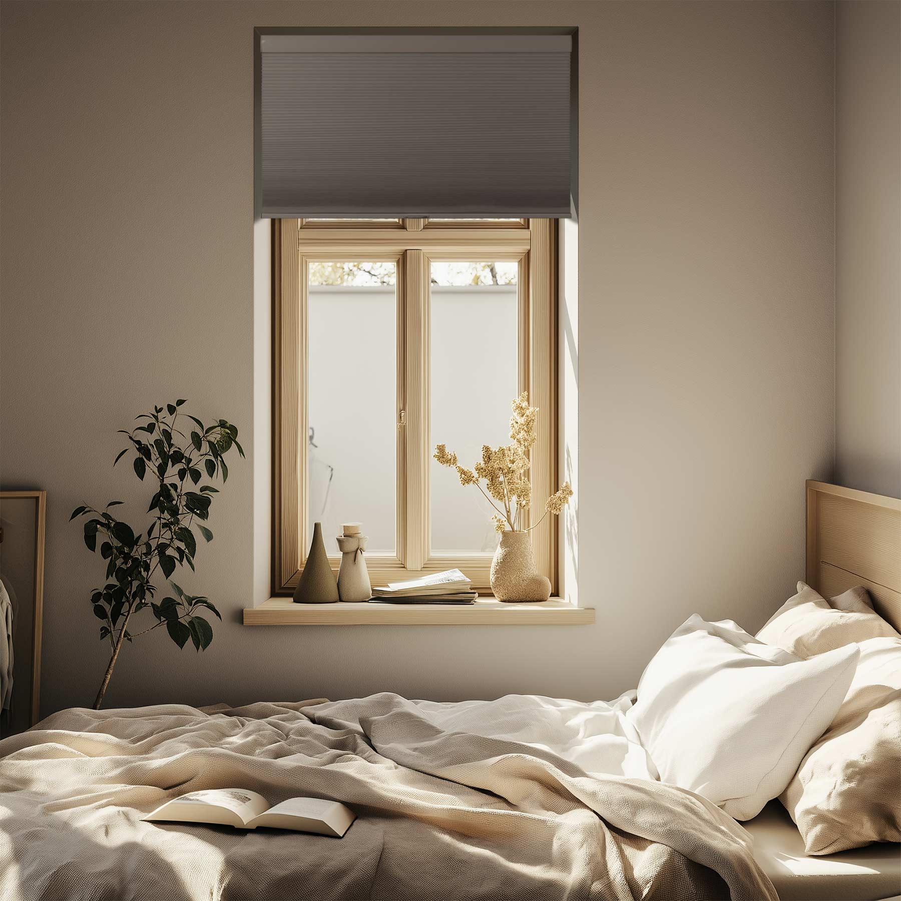 cordless blackout cellular shades for indoor windows in a bedroom