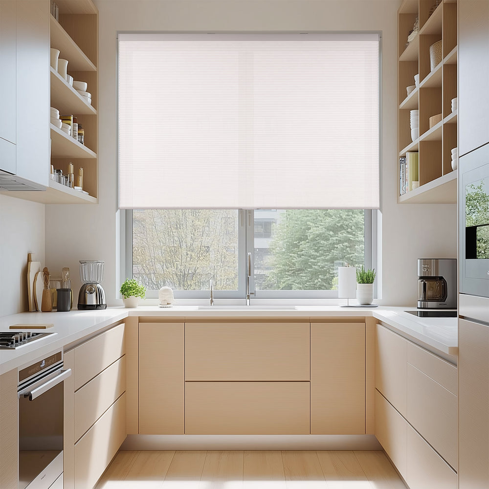 cordless light filtering cellular shades for indoor windows in a kitchen