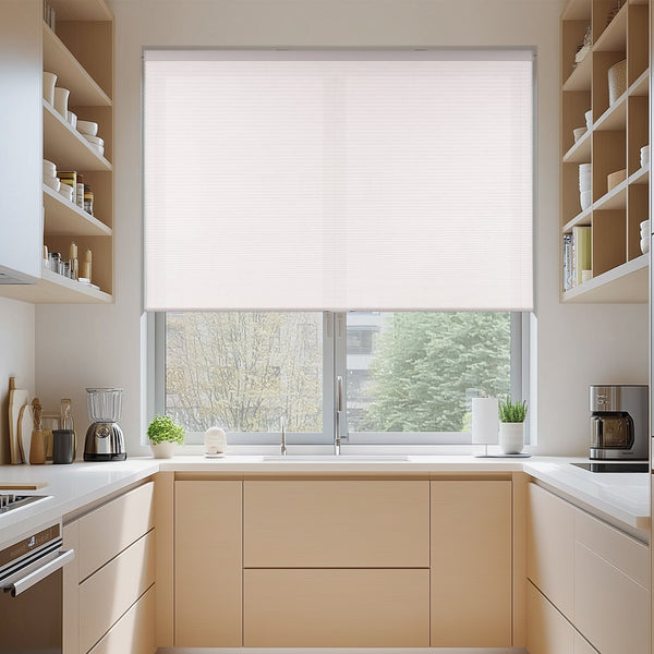 cordless light filtering cellular shades for indoor windows in a kitchen