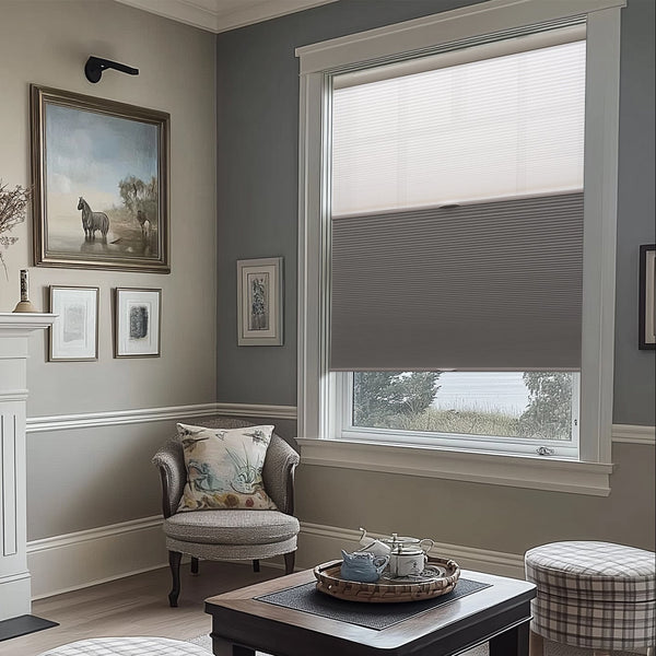 cordless no-drill day and night cellular shades in a living room