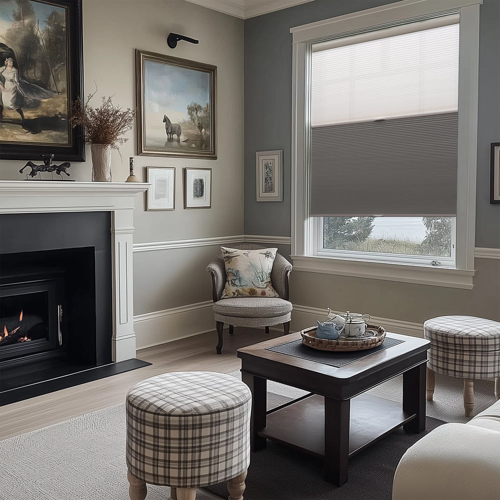 cordless no-drill day and night cellular shades in a living room