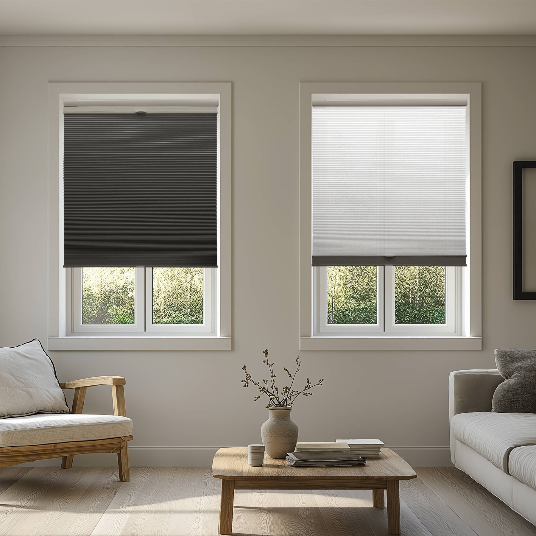 cordless no-drill day and night cellular shades in two small windows