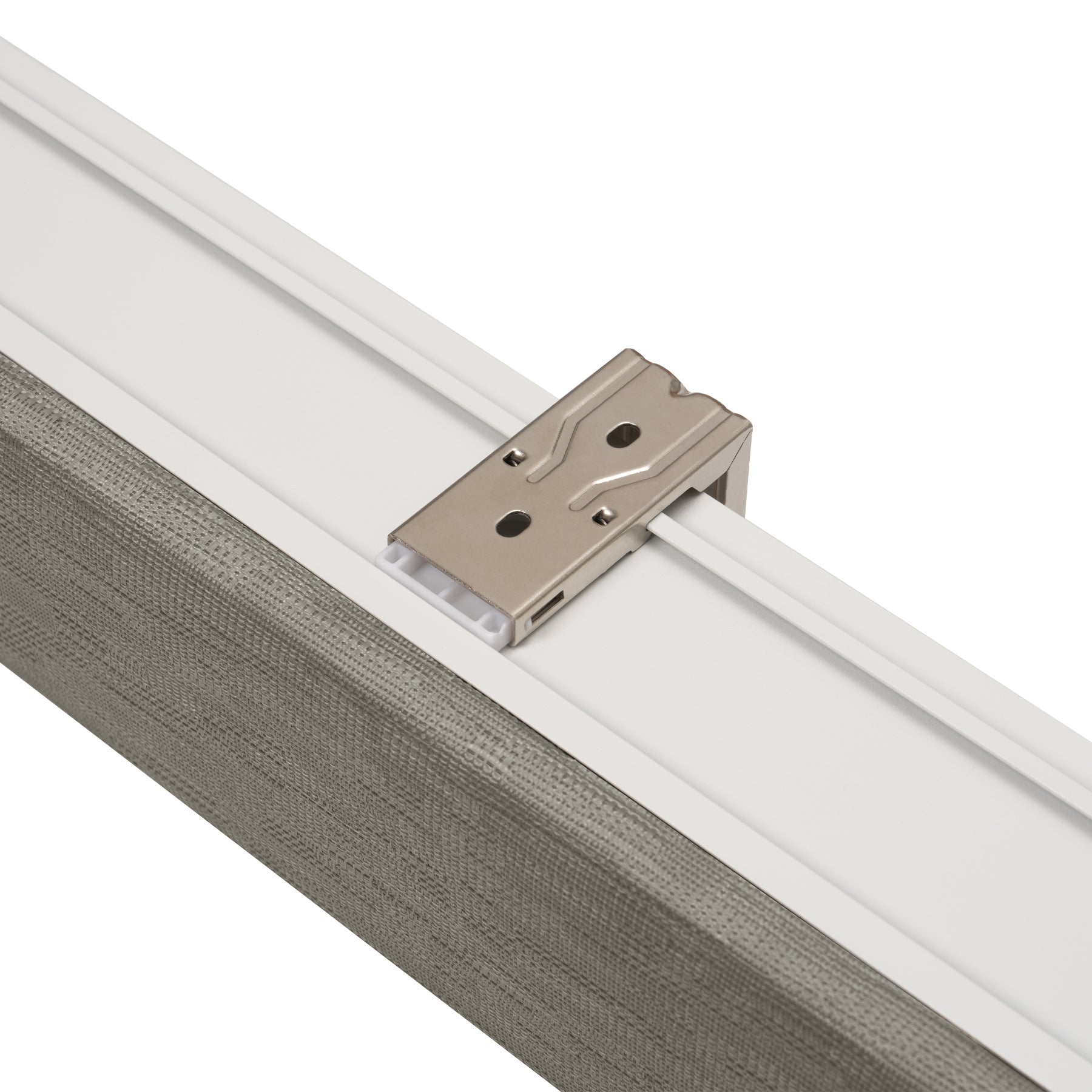 cordless light filtering roller shades with fabric-wrapped cassette — L-shaped mounting bracket