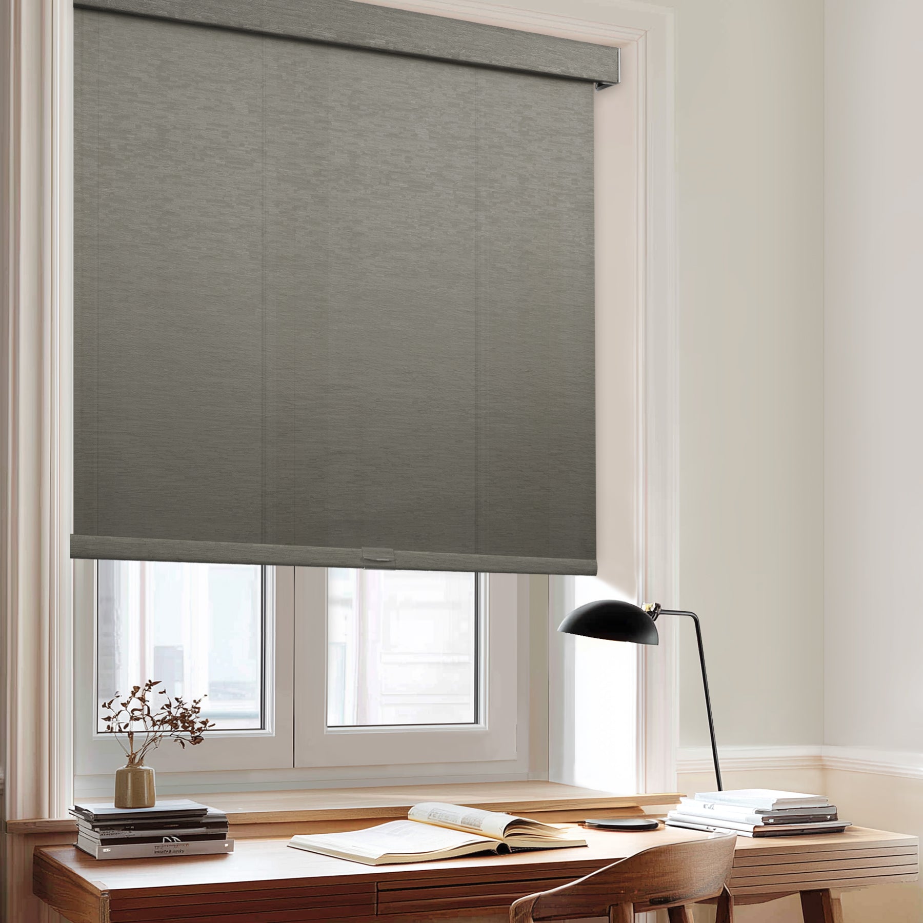 cordless light filtering roller shades with fabric-wrapped cassette for home office