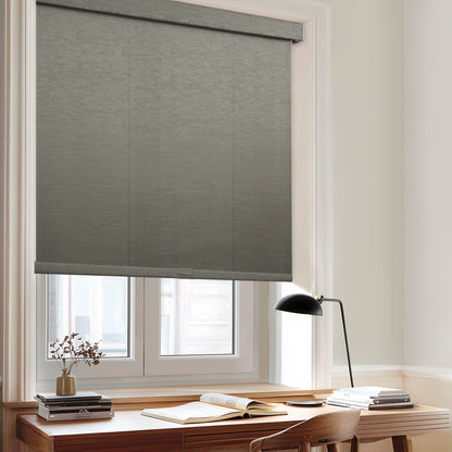 cordless light filtering roller shades with fabric-wrapped cassette for home office