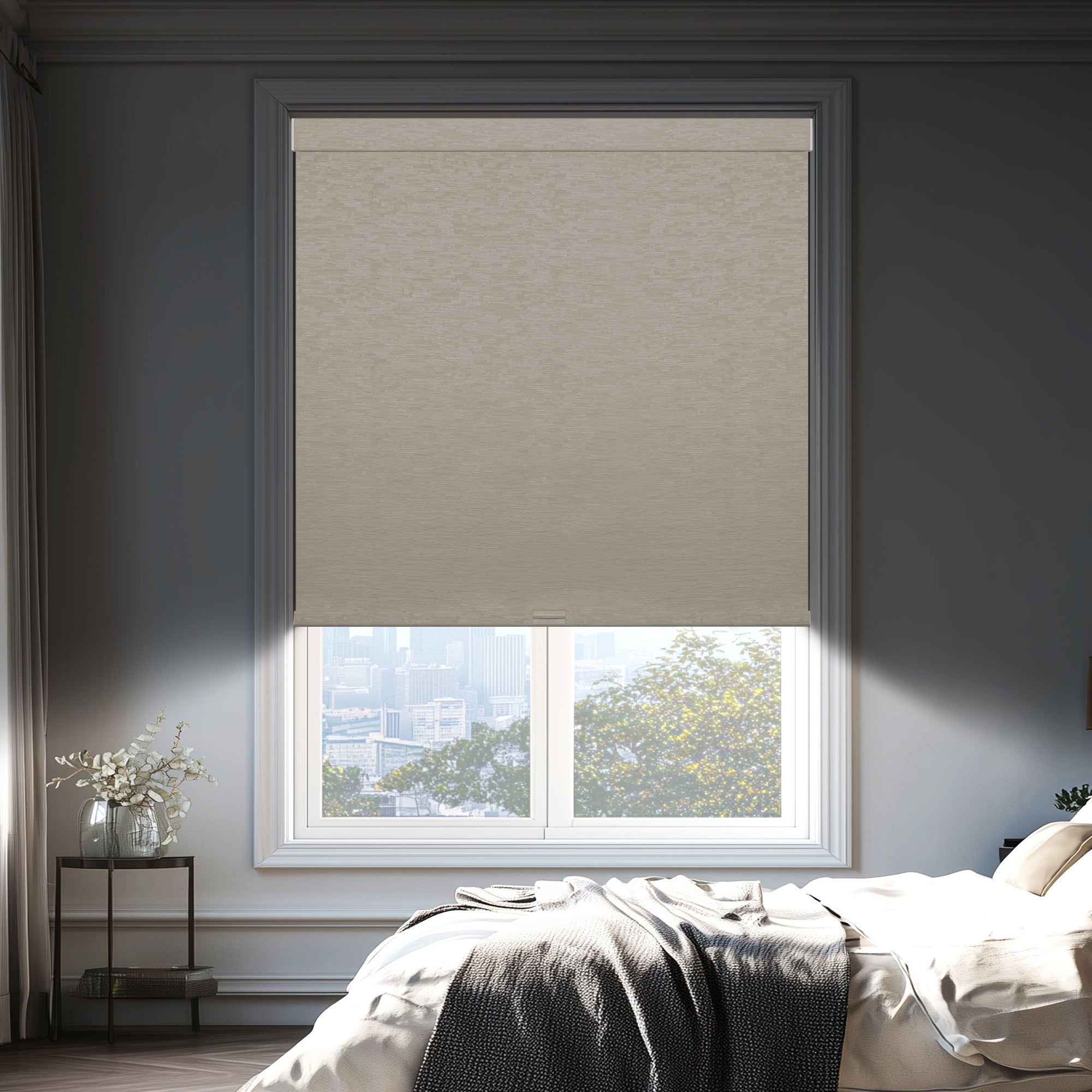 blackout natural linen thermal insulation roller shades in a bedroom