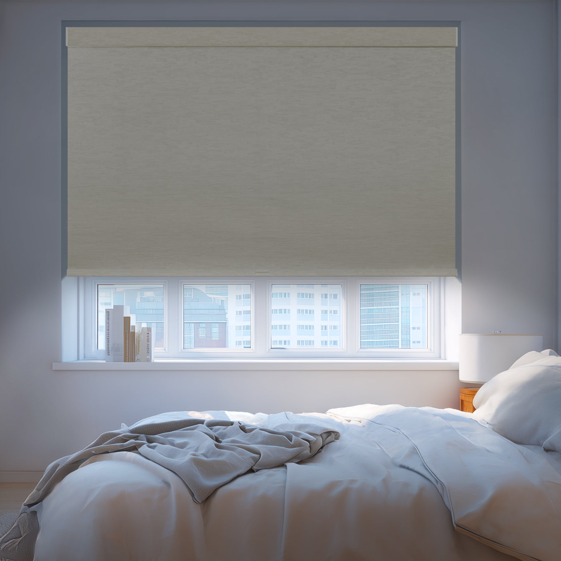 cordless blackout roller shades with fabric-wrapped cassette for bedroom