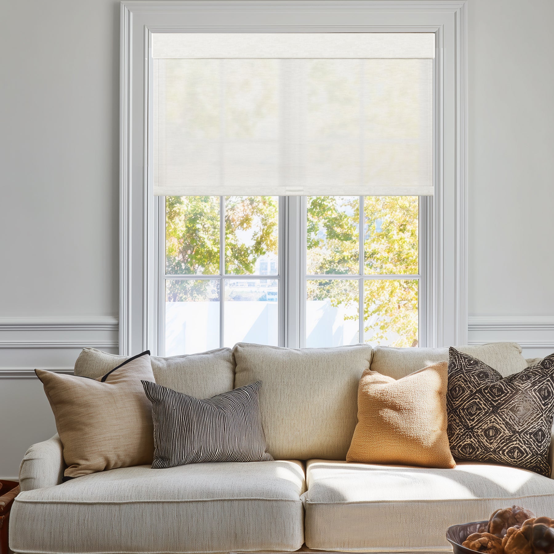 cordless sheer roller shades with fabric-wrapped cassette for living room