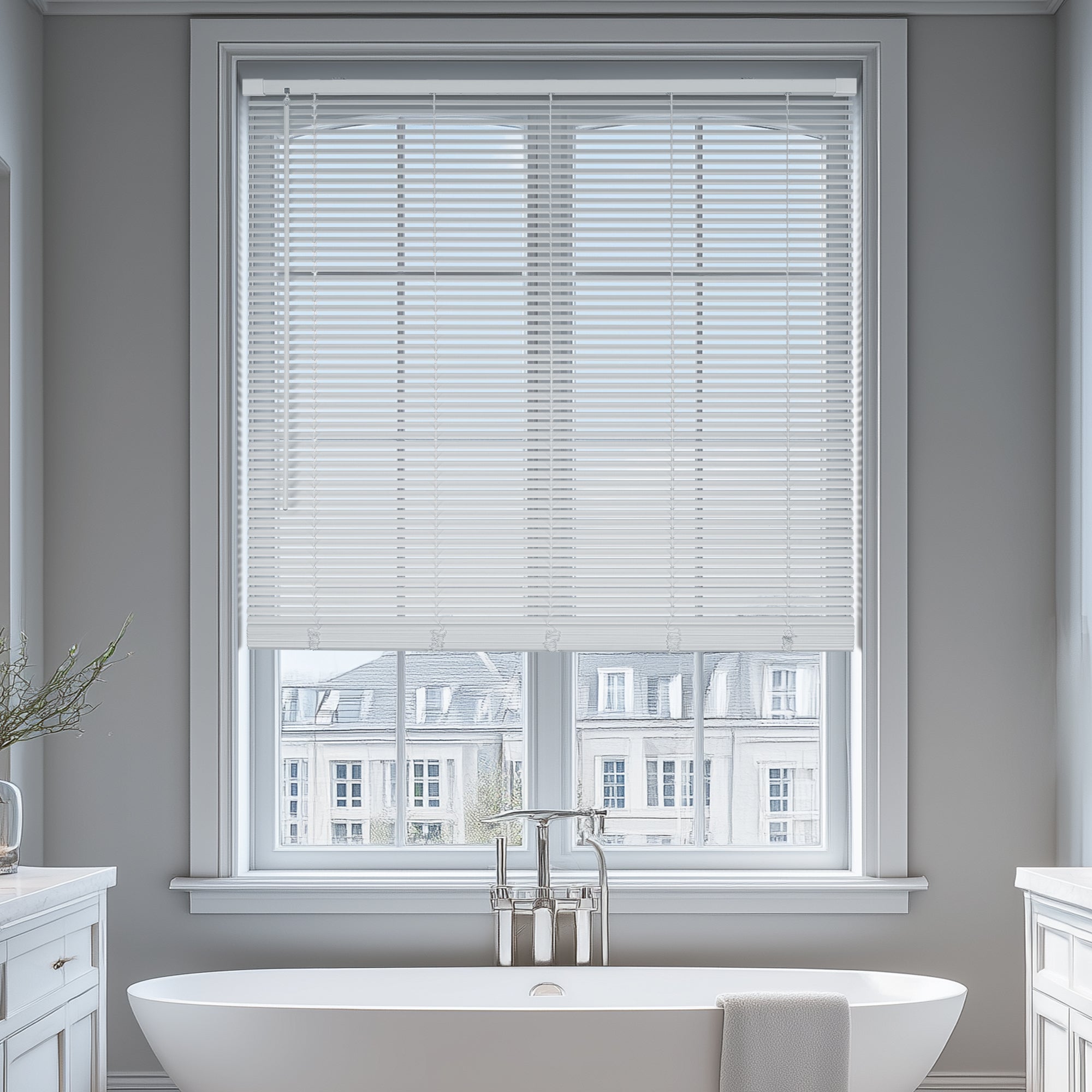 room darkening natural eco-friendly wood blinds in a bathroom