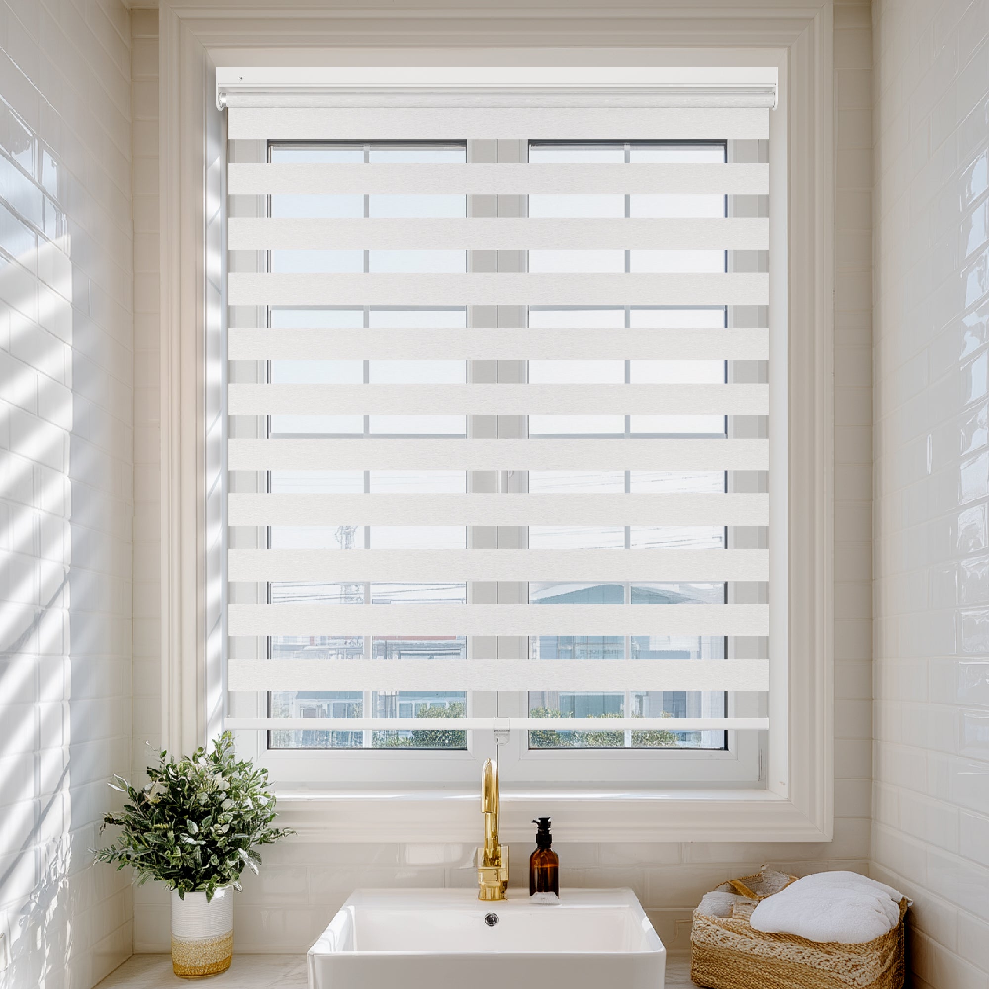 No-Drill Light Filtering Linen-Look Zebra Shades for Bathrooms