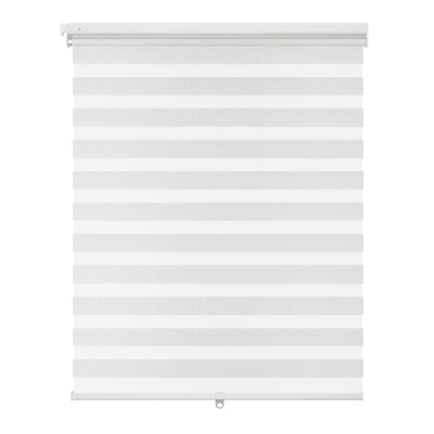 no-drill light filtering linen-like bathroom zebra shades with stripes fully open for outside view and natural sunlight