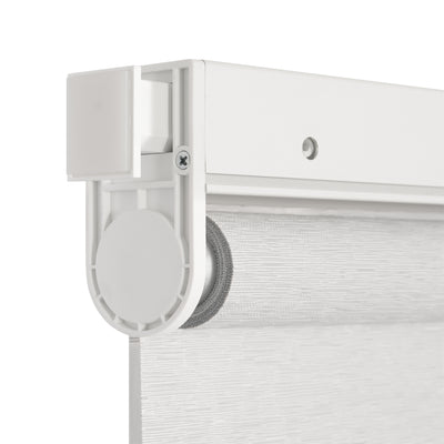 no-drill light filtering linen-like bathroom zebra shades side view showing the no-drill tension rod and protective cushion in the headrail