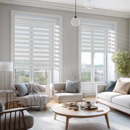no-drill light filtering linen-like bathroom zebra shades in a living room