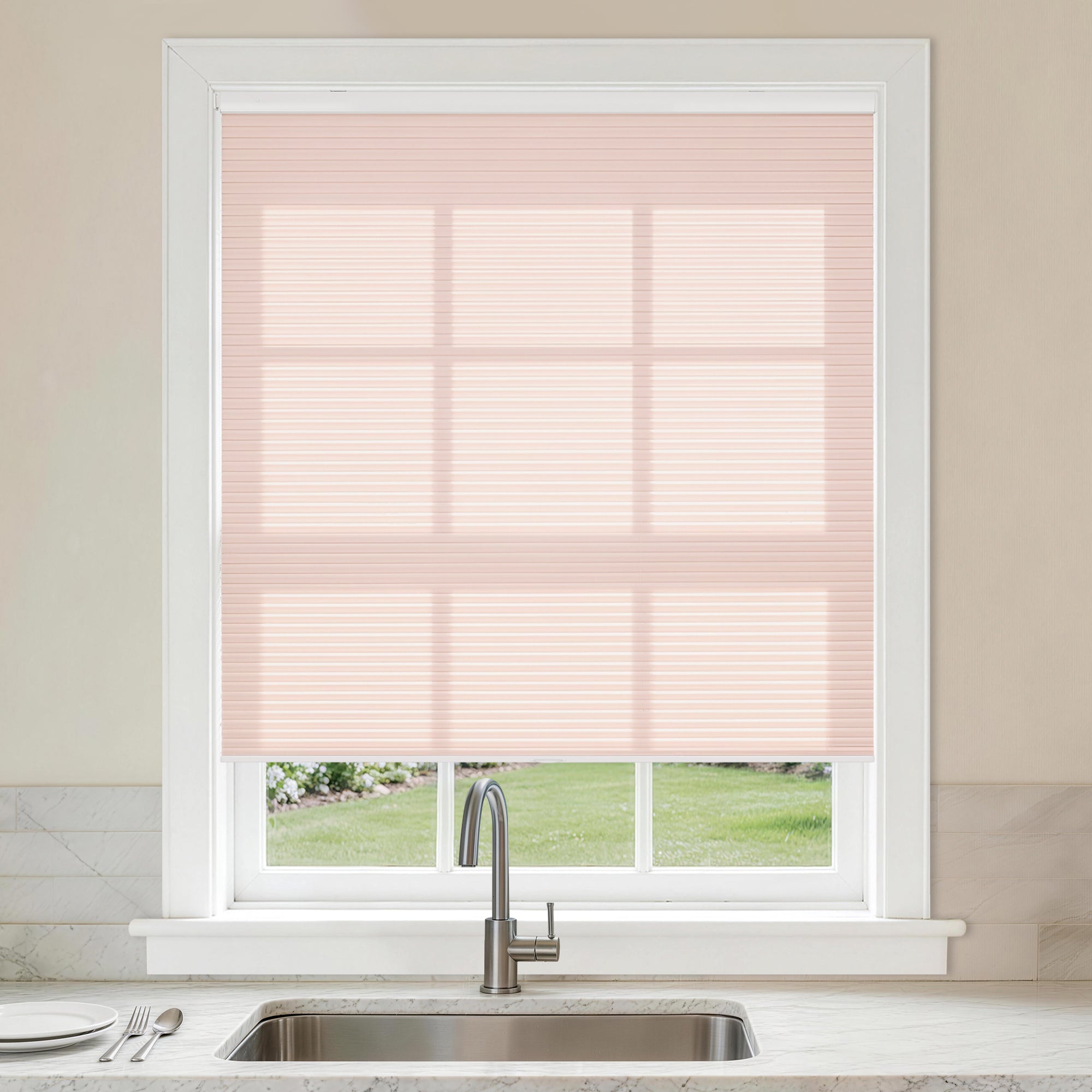 no drilll waterproof cellular shades cordless light filtering honeycomb blinds for kitchen | hestia blinds