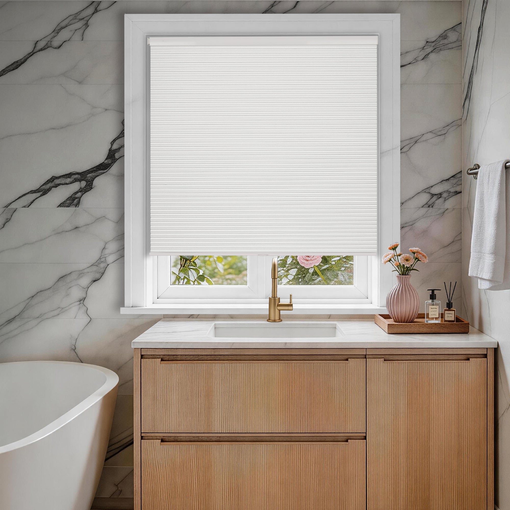 no drilll waterproof cellular shades providing privacy for a bathroom | hestia blinds