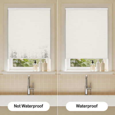 no drilll waterproof cellular shades comparing fabric with and without waterproof feature | hestia blinds