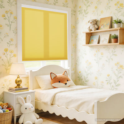 kid's room no drill cordless cellular shades harmonizing with the yellow floral wallpaper and fox-themed bedding in a kid's room | hestia blinds