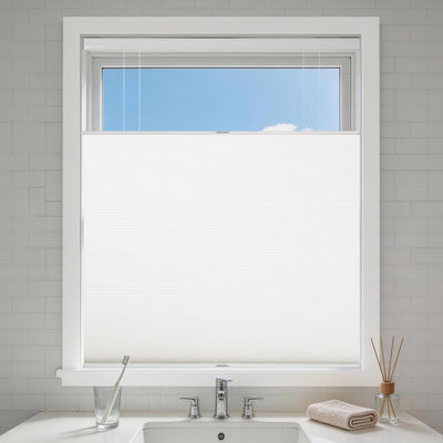 no drill top down bottom up cellular shades providing privacy, ventilation and light for a bathroom | hestia blinds