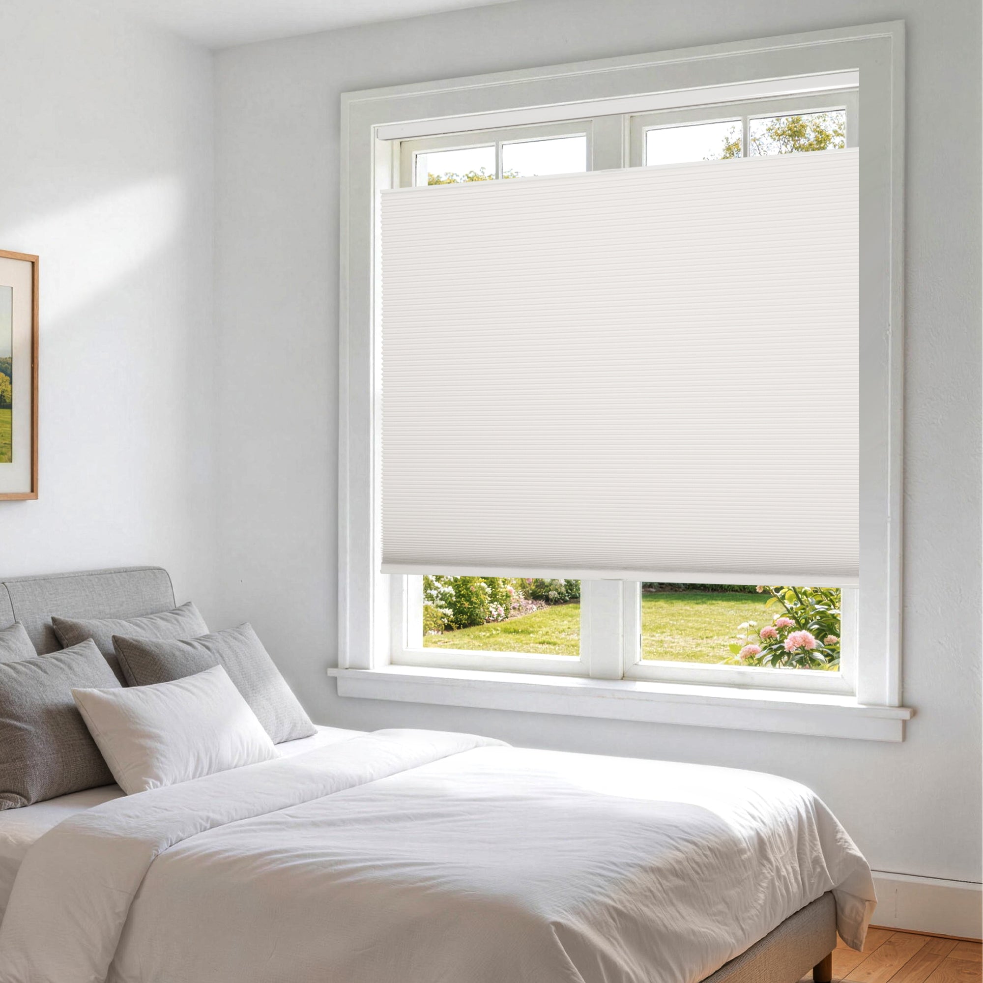 no drill top down bottom up cellular shades cordless thermal insulated white blackout shades in bedroom | hestia blinds