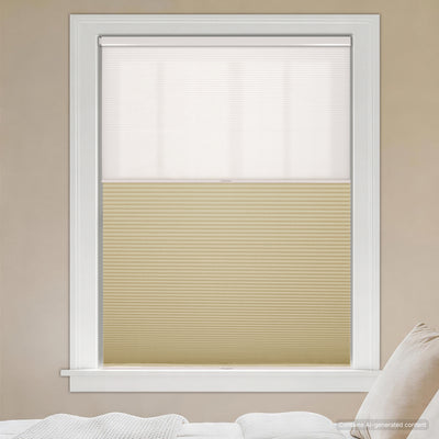 no drill day and night cellular shades with white light filtering shade and beige blackout shade in a bedroom | hestia blinds