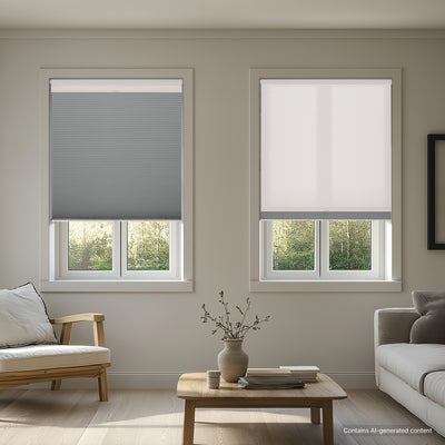 no drill day and night cellular shades with blackout shade lowered on one window and light filtering shade lowered on another window in a living room | hestia blinds