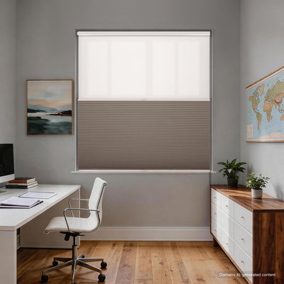 no drill day and night cellular shades providing flexible light control, privacy and noise reduction in a study | hestia blinds