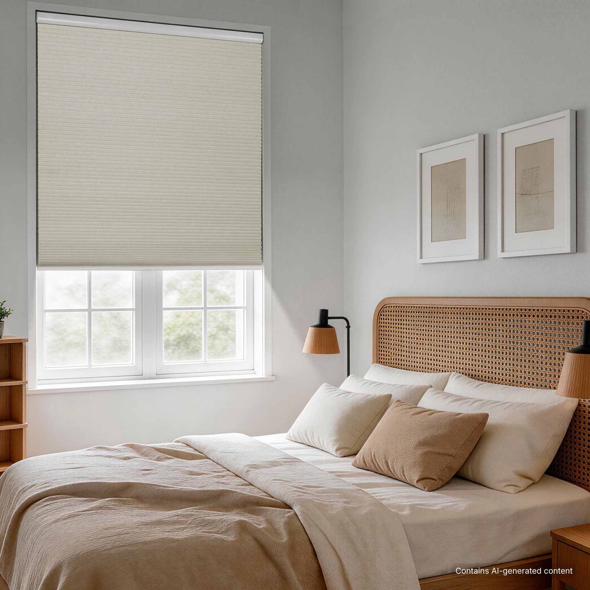 cordless no drill fabric-wrapped cellular shade, full blackout, side view showing effective light blocking for a cozy, warm bedroom | hestia blinds