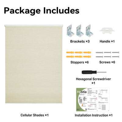 package contents for the cordless no drill fabric-wrapped cellular shade, showing all included parts and accessories | hestia blinds