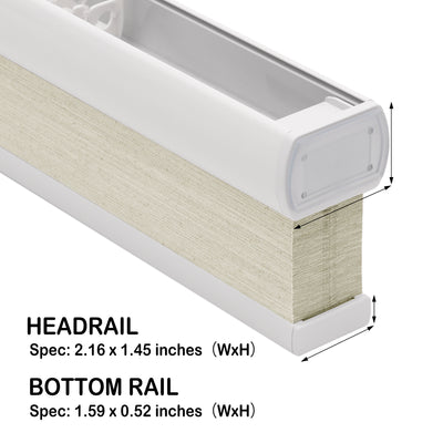 cordless no drill fabric-wrapped cellular shade side view, showing headrail and bottom rail width and height | hestia blinds