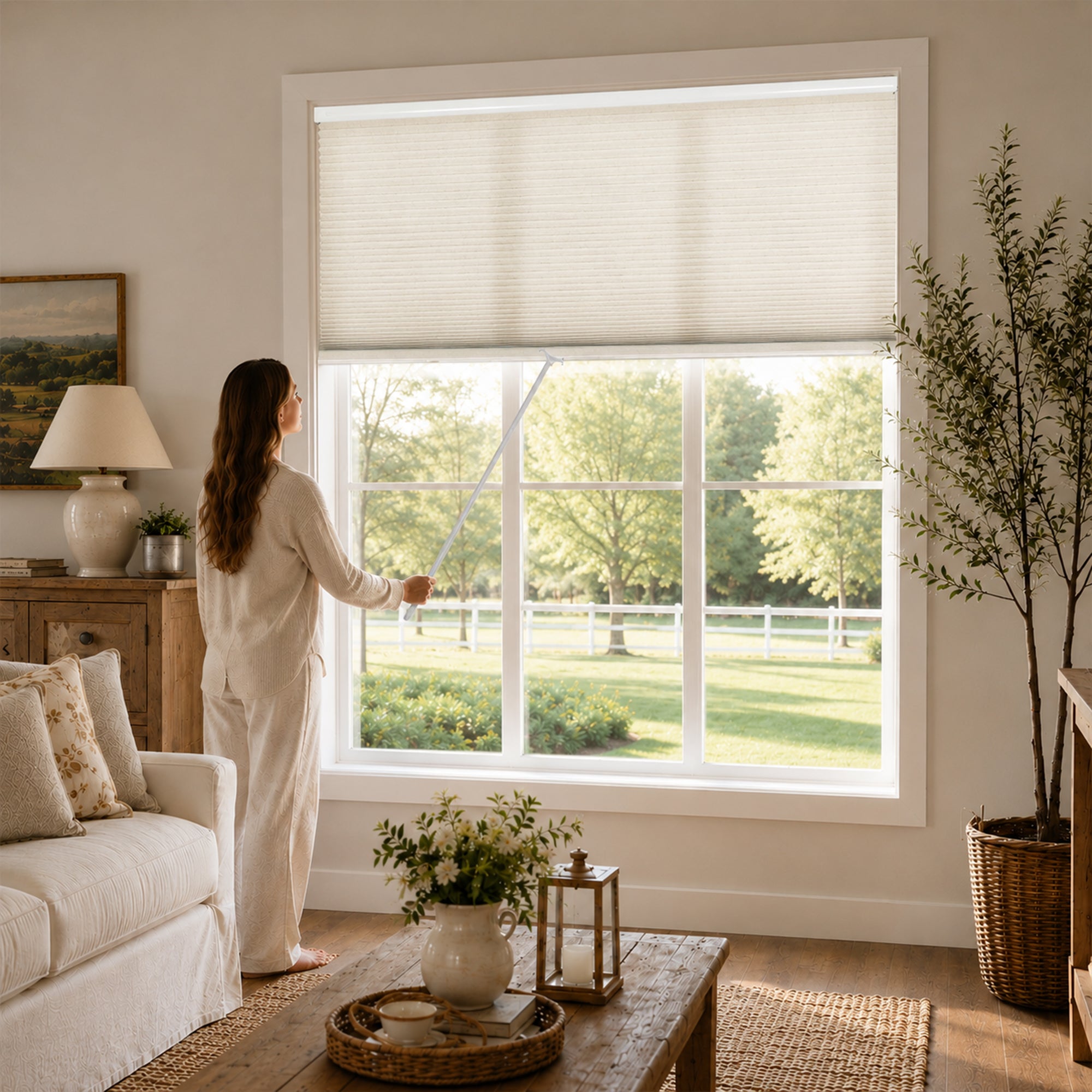 no drill natural linen thermal insulated cellular shades for farmhouse living room | hestia blinds
