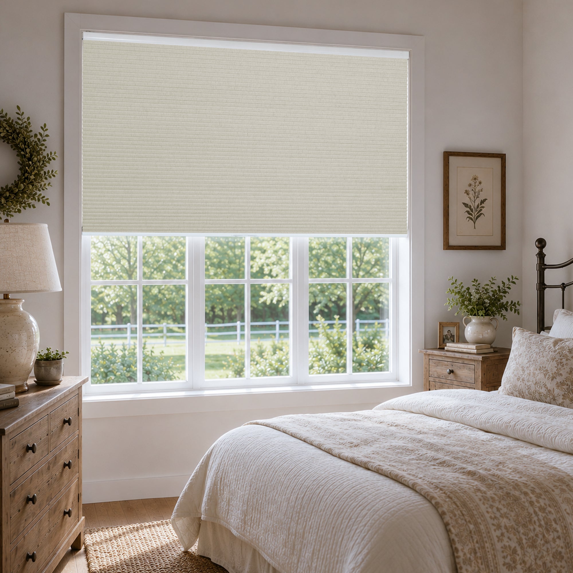 no drill natural linen thermal insulated cellular shades for farmhouse bedroom | hestia blinds