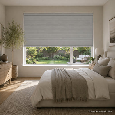 large cell honeycomb shades with fabric-wrapped rails for picture window in bedroom | hestia blinds