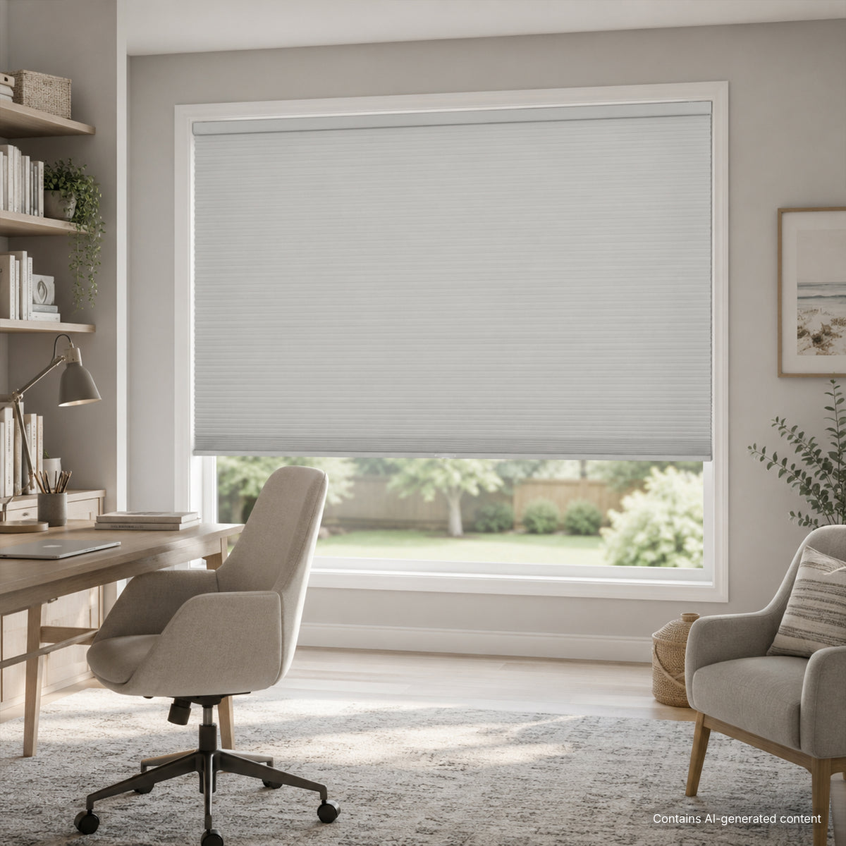 large cell insulated cellular shades in a study's large window, providing privacy protection and thermal insulation | hestia blinds