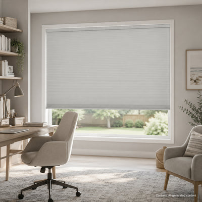 large cell insulated cellular shades in a study's large window, providing privacy protection and thermal insulation | hestia blinds