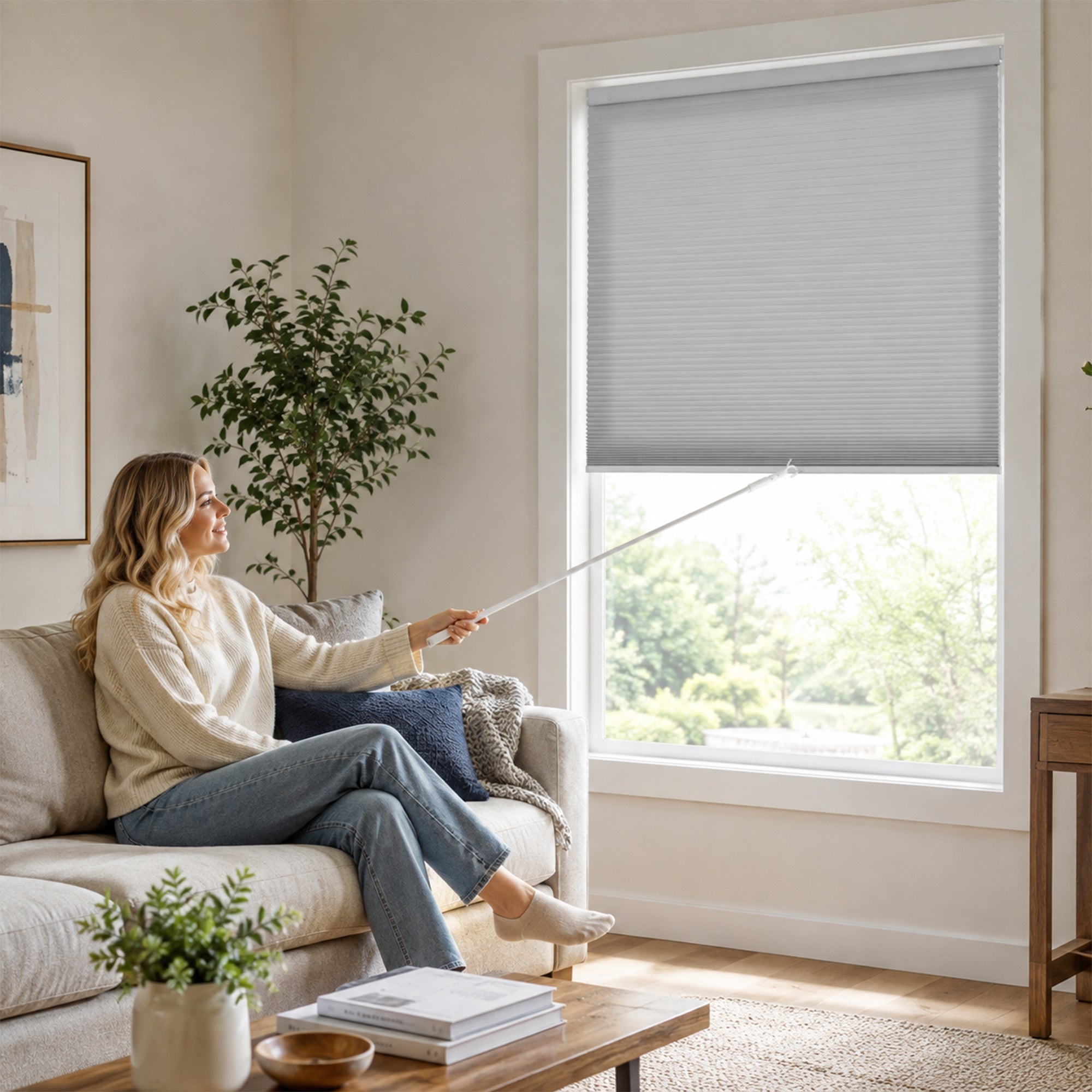 cordless large cell honeycomb shades for high window | hestia blinds