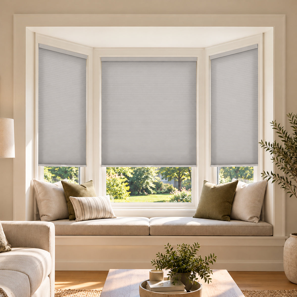 no drill bay window cellullar shades | hestia blinds